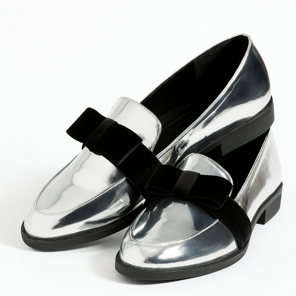 Simply Be Sole Diva Silver Bow Loafers Sz 9EEE = 11 Extra Wide